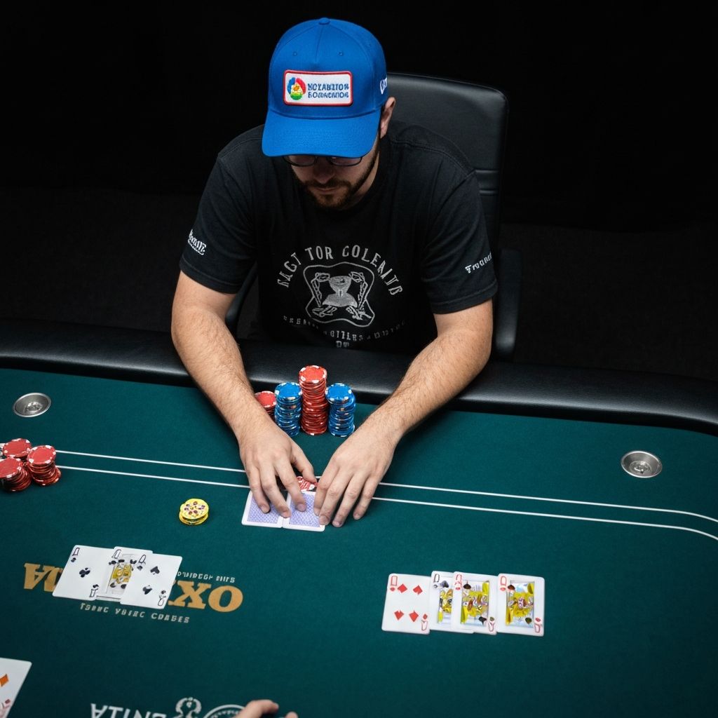 Brand placement mockup showing player seated at poker table